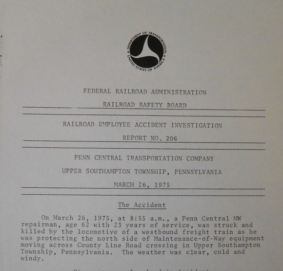 Railroad Employee Accident Investigation Report #206 Penn Central PA 1975