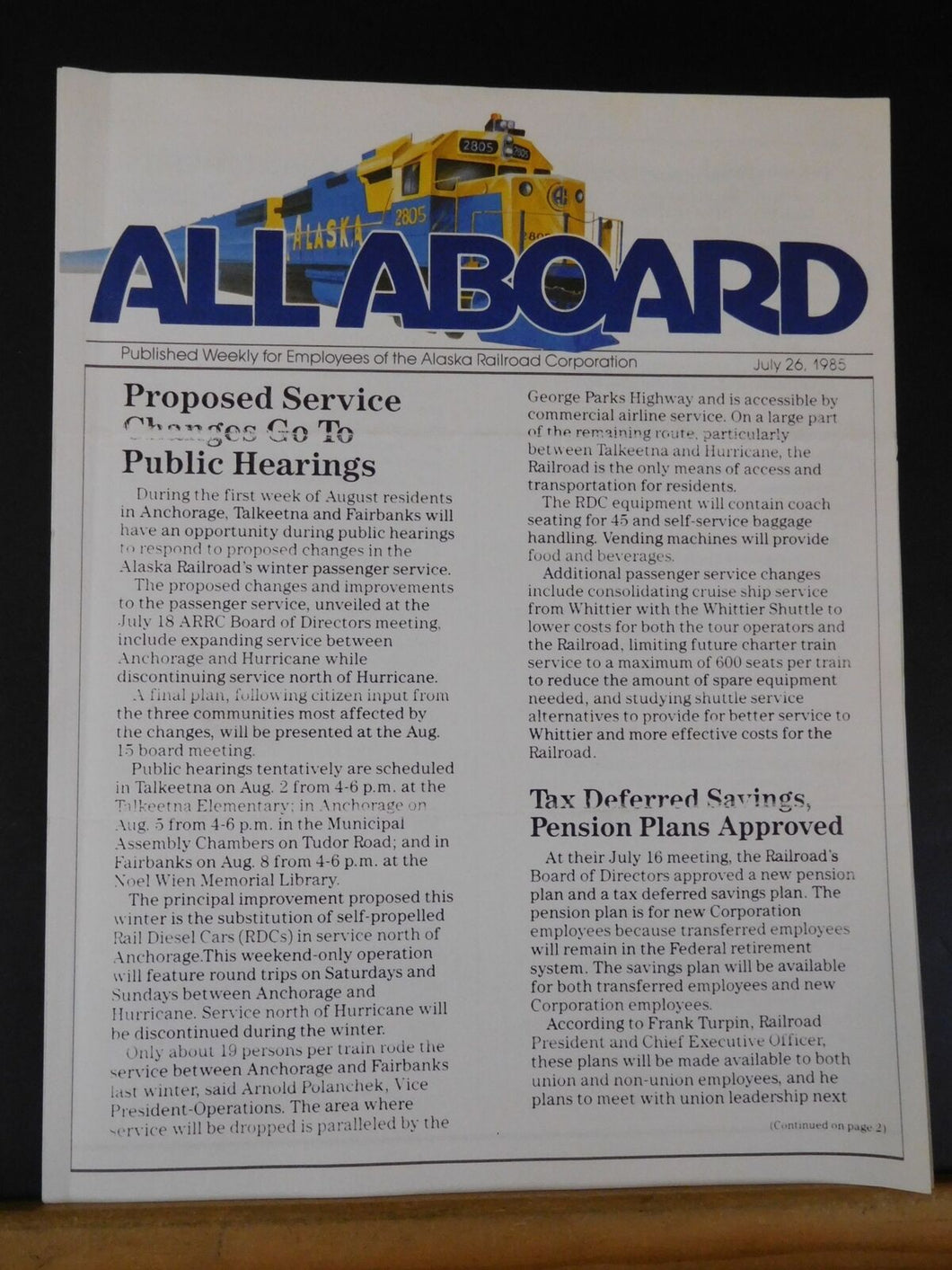 All Aboard 1985 July 26 Employees of Alaska Railroad Corporation Newsletter