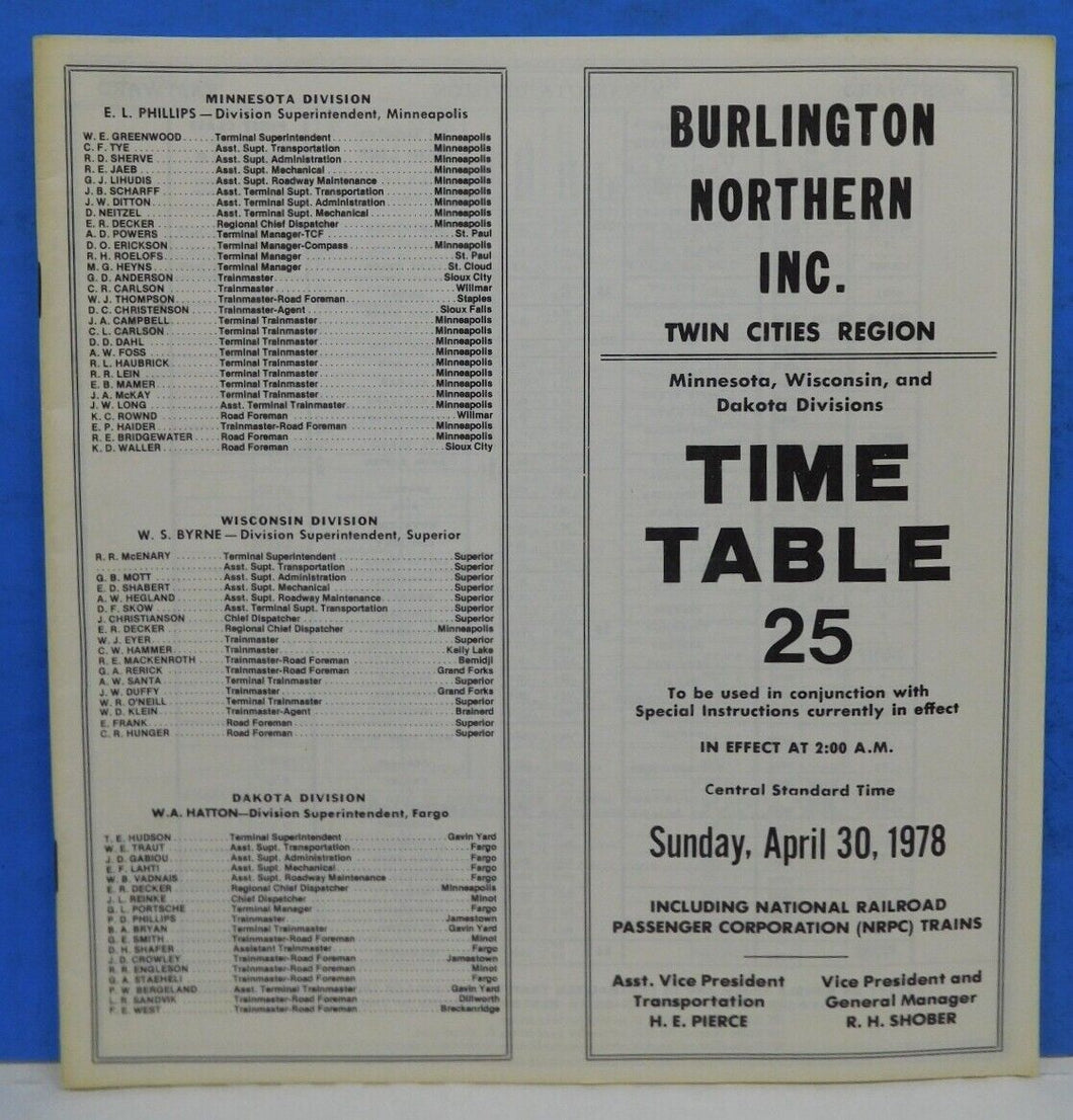 Burlington Northern employee timetable #25 1978 Twin Cities Region BN ETT