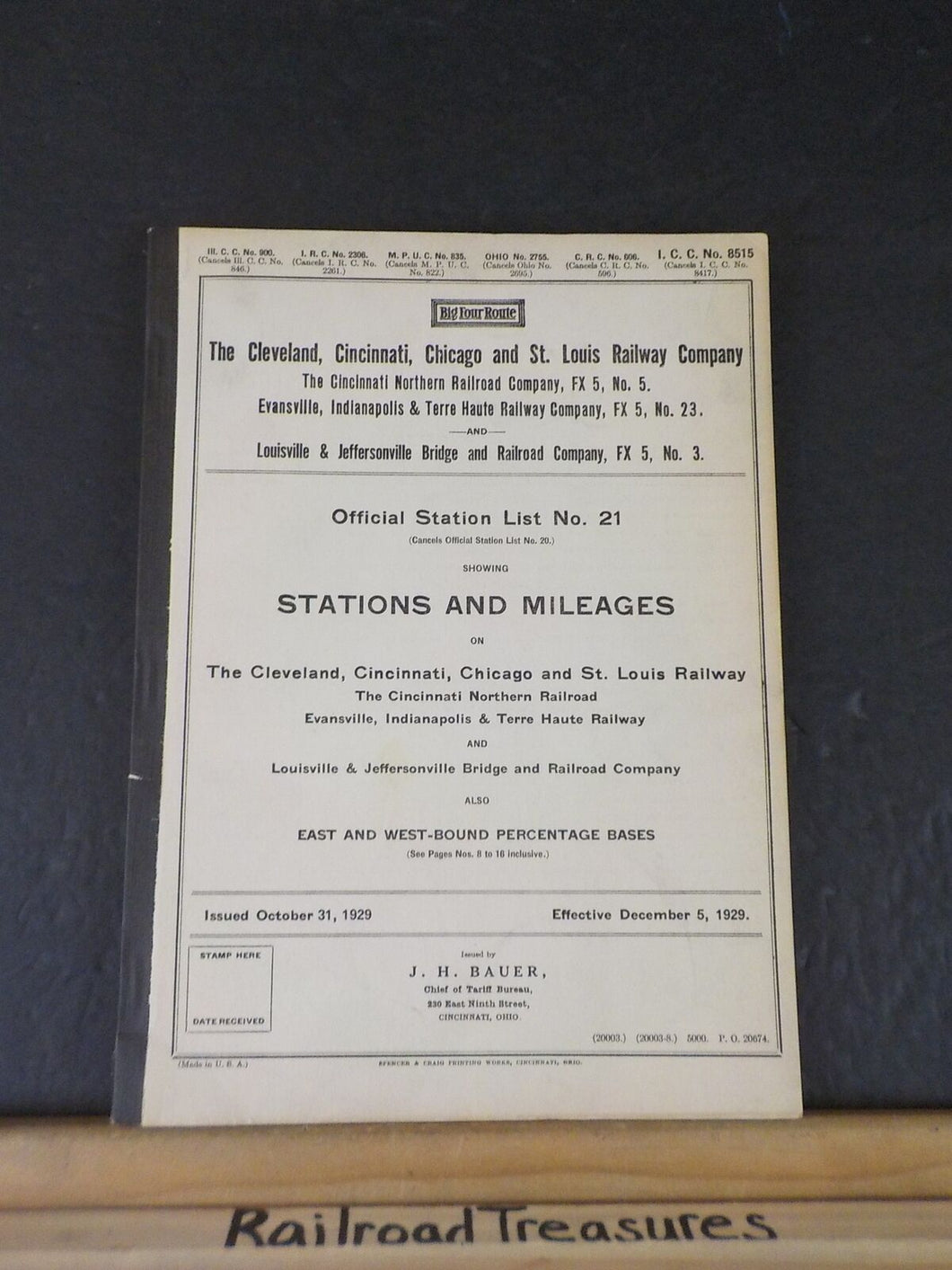 CCC&StL Cincinnati Northern EI&TH L&JB Official Station List #21 1929