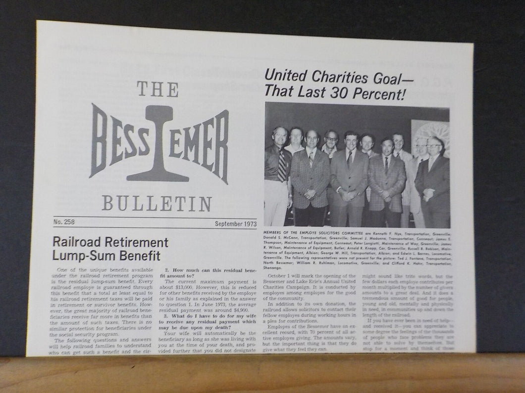 Bessemer Bulletin #258 1973 Sept Bessemer & Lake Erie RR Employee Bulletin