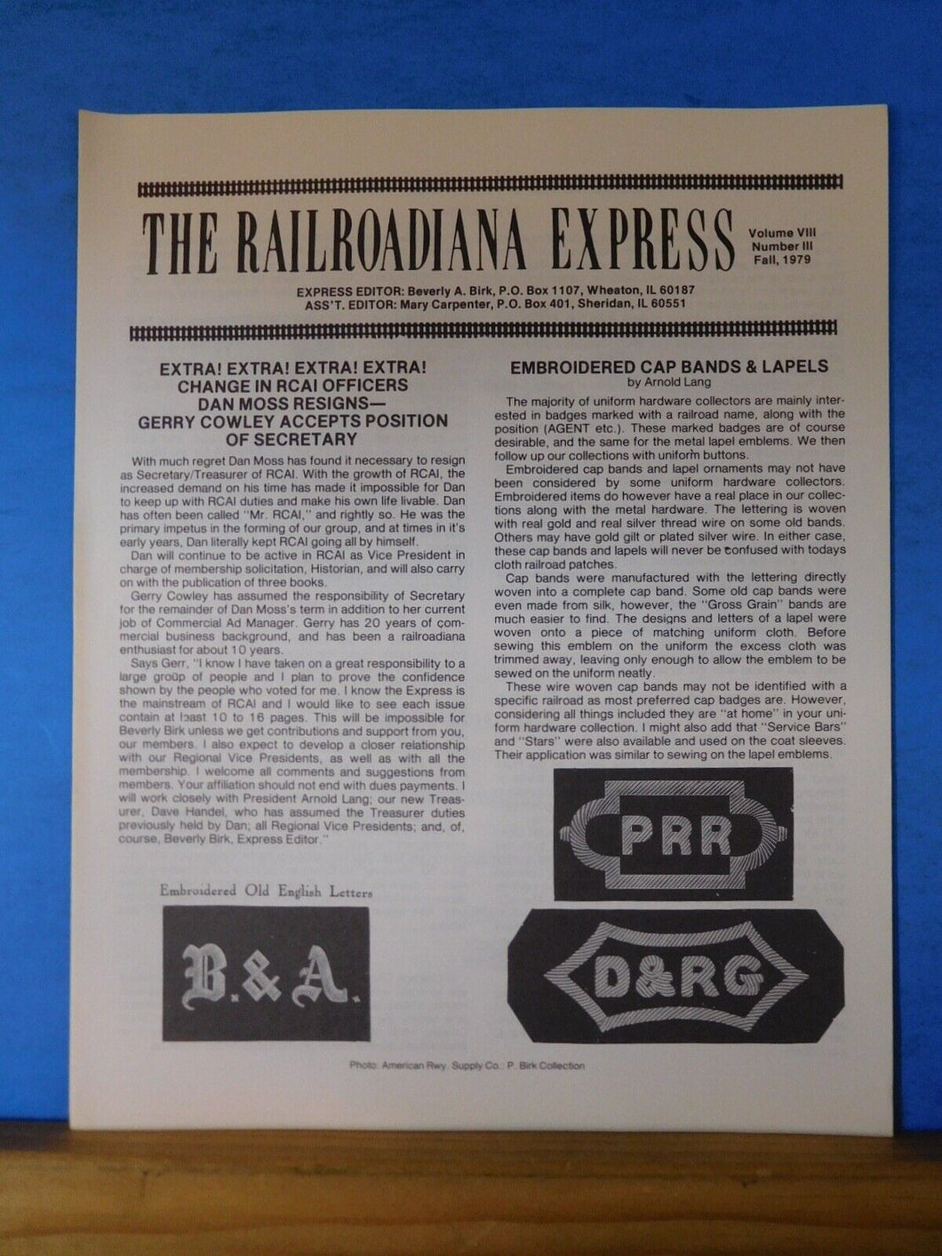 Railroadiana Express 1979 Fall Embroidered Cap Bands & Lapels