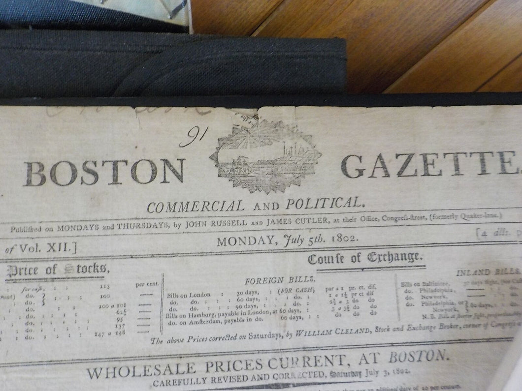 Boston Gazette Commercial and Political 1802 Monday, July 5th V12 #36 4 pages